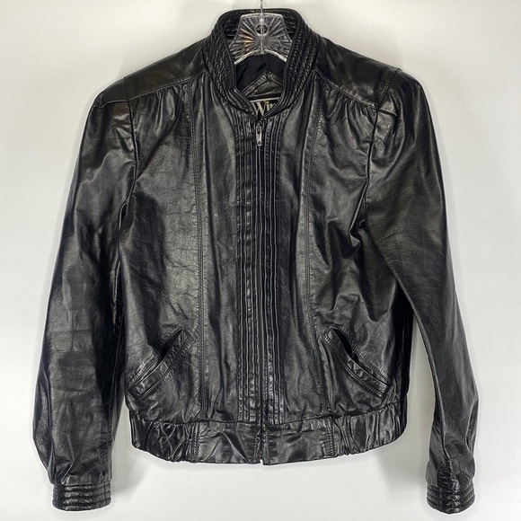 Vintage Winlit Black Leather Motorcycle Jacket Retro Size 9/10 80's - Picture 1 of 8